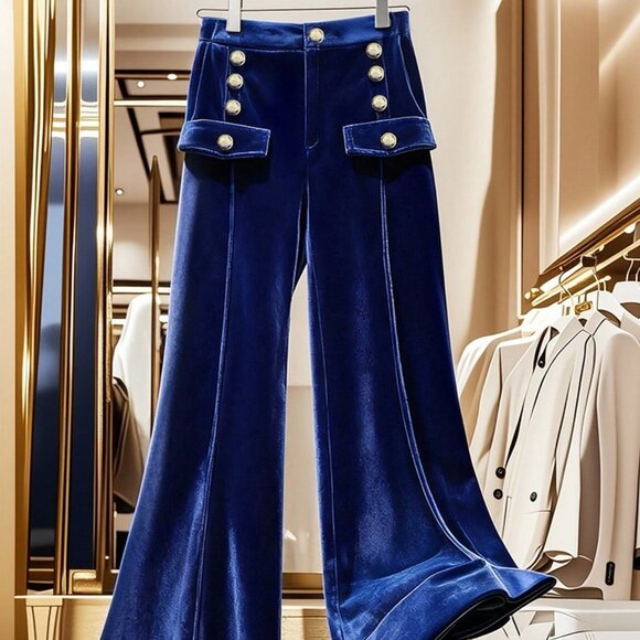 Royal Blue Party Women's High Waist Velvet Wide Leg Pants - Picture 1 of 9